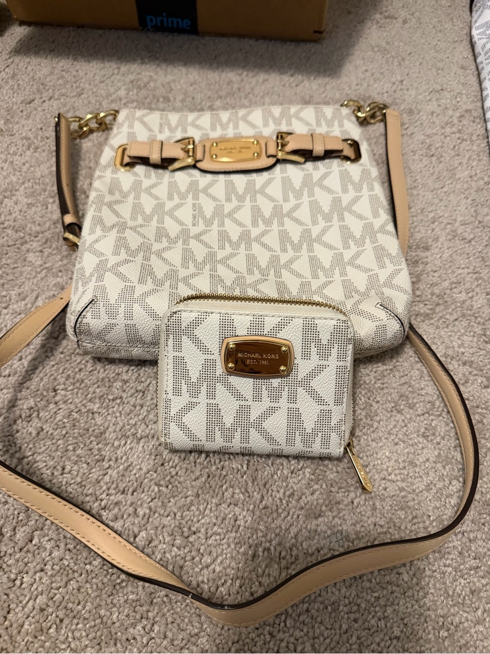 Michael Kors Cream Logo Crossbody with Matching Wallet and Gold Hardware